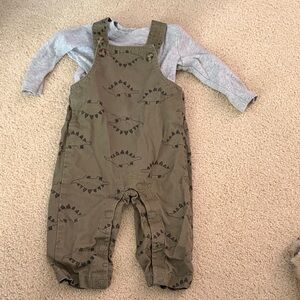 Carter's Olive Dinosaur Print Overalls with Grey Tshirt 9 mo